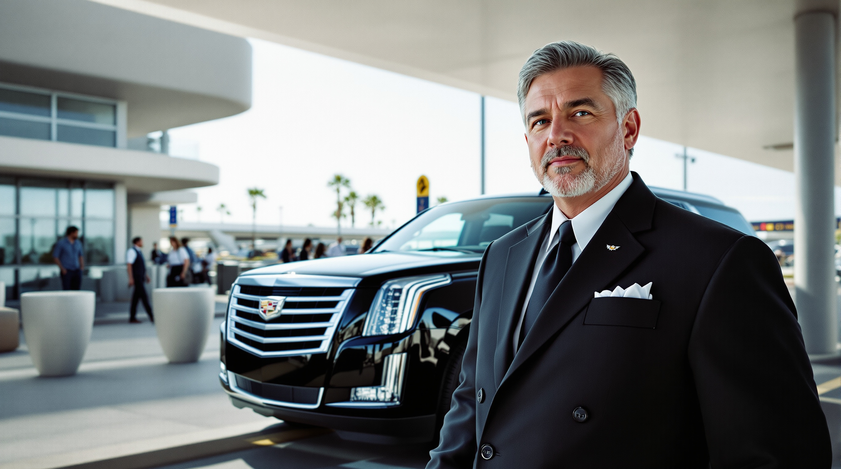 why us elite luxury services - professional chauffeur standing beside a black Cadillac Escalade luxury SUV at San Diego