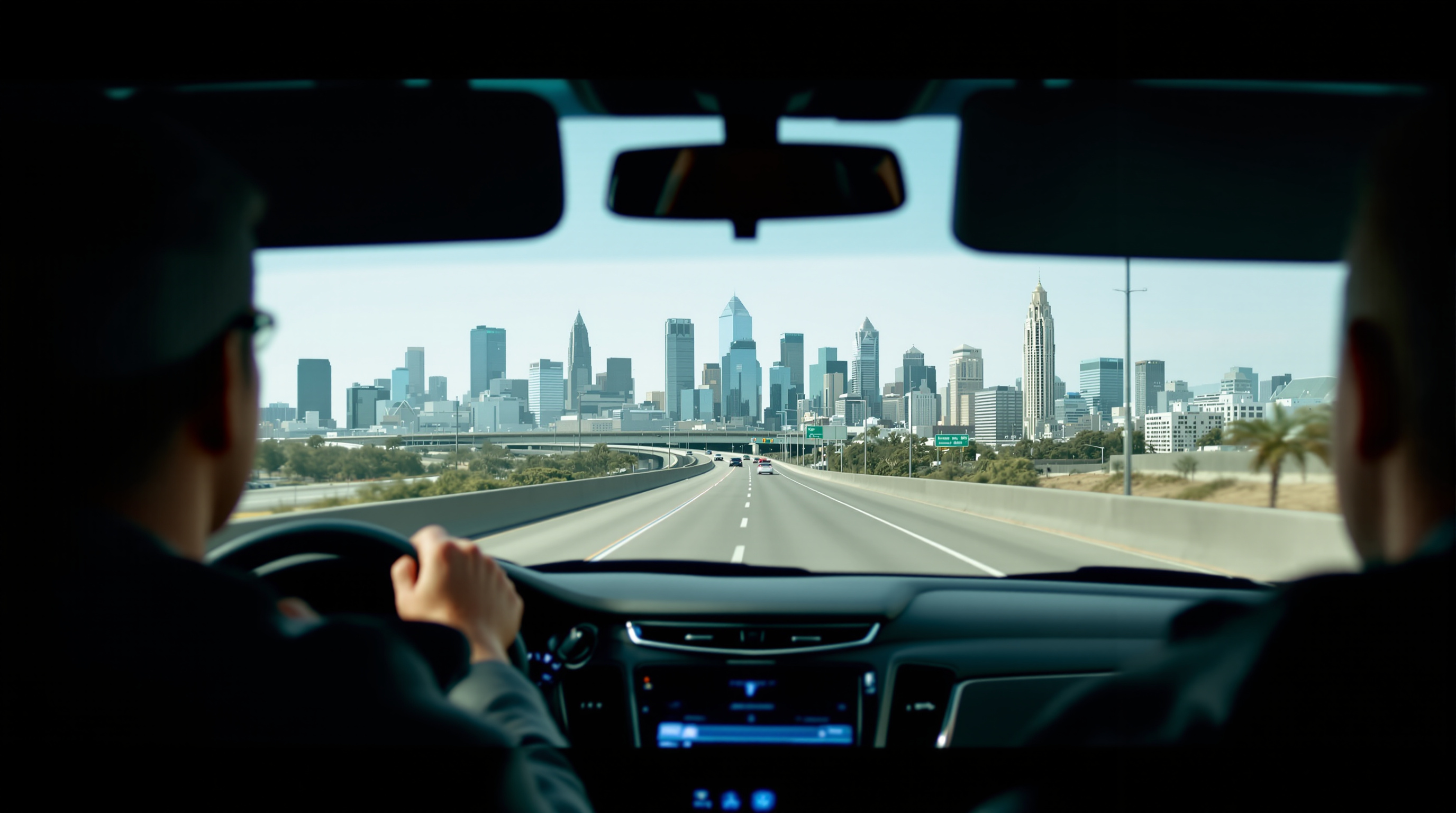 why us elite luxury services - black Cadillac Escalade driving on I-5 North toward downtown San Diego skyline, daytime c